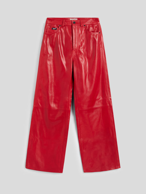 WOMEN'S 5 POCKET PANT HIGH WAIST WIDE LEG REGULAR FIT LAMB LEATHER RED - RED - Women′s Bottomwear | Pence 1979