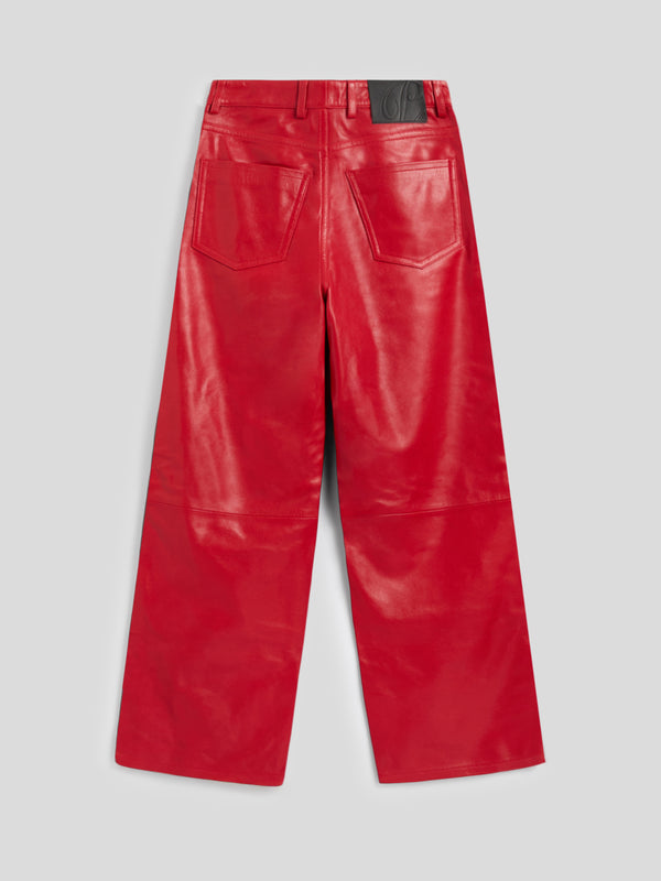 WOMEN'S 5 POCKET PANT HIGH WAIST WIDE LEG REGULAR FIT LAMB LEATHER RED - RED - Women′s Bottomwear | Pence 1979