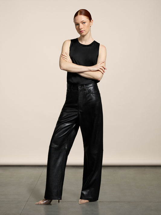 WOMEN'S 5 POCKET HIGH WAIST REGULAR FIT PANT IN LAMB LEATHER BLACK  - BLACK - Women′s Bottomwear | Pence 1979