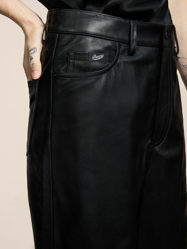 WOMEN'S 5 POCKET HIGH WAIST REGULAR FIT PANT IN LAMB LEATHER BLACK  - BLACK - Women′s Bottomwear | Pence 1979
