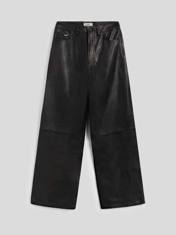 WOMEN'S 5 POCKET HIGH WAIST REGULAR FIT PANT IN LAMB LEATHER BLACK  - BLACK - Women′s Bottomwear | Pence 1979