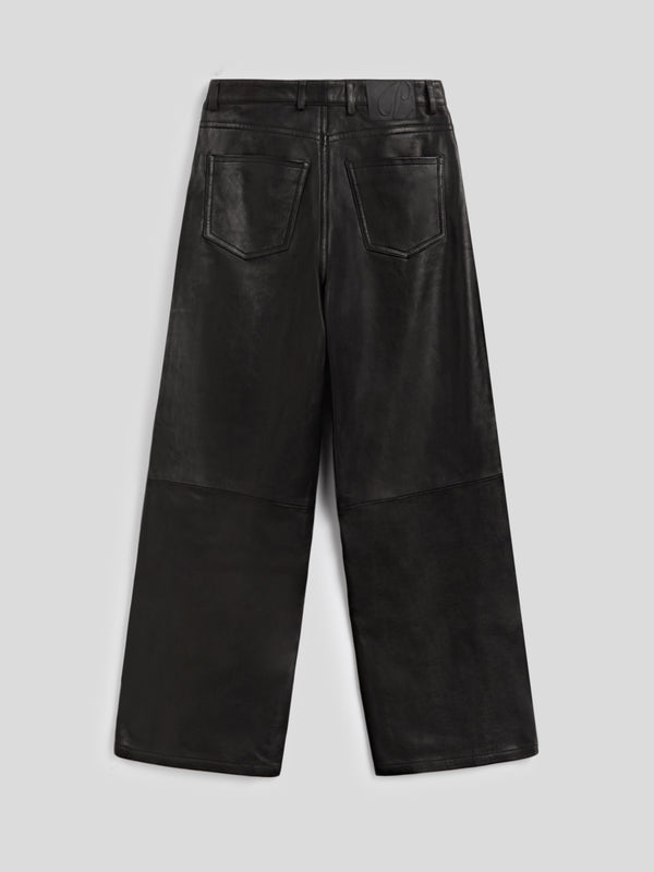 WOMEN'S 5 POCKET HIGH WAIST REGULAR FIT PANT IN LAMB LEATHER BLACK  - BLACK - Women′s Bottomwear | Pence 1979