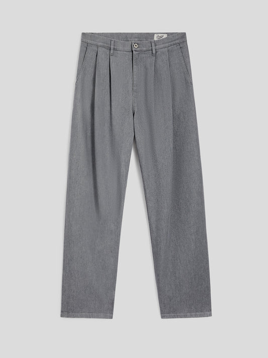 UNISEX RELAXED-FIT TROUSERS IN GREY COMFORT DENIM WITH PLEATS - LONDON GREY - Men′s Bottomwear | Pence 1979