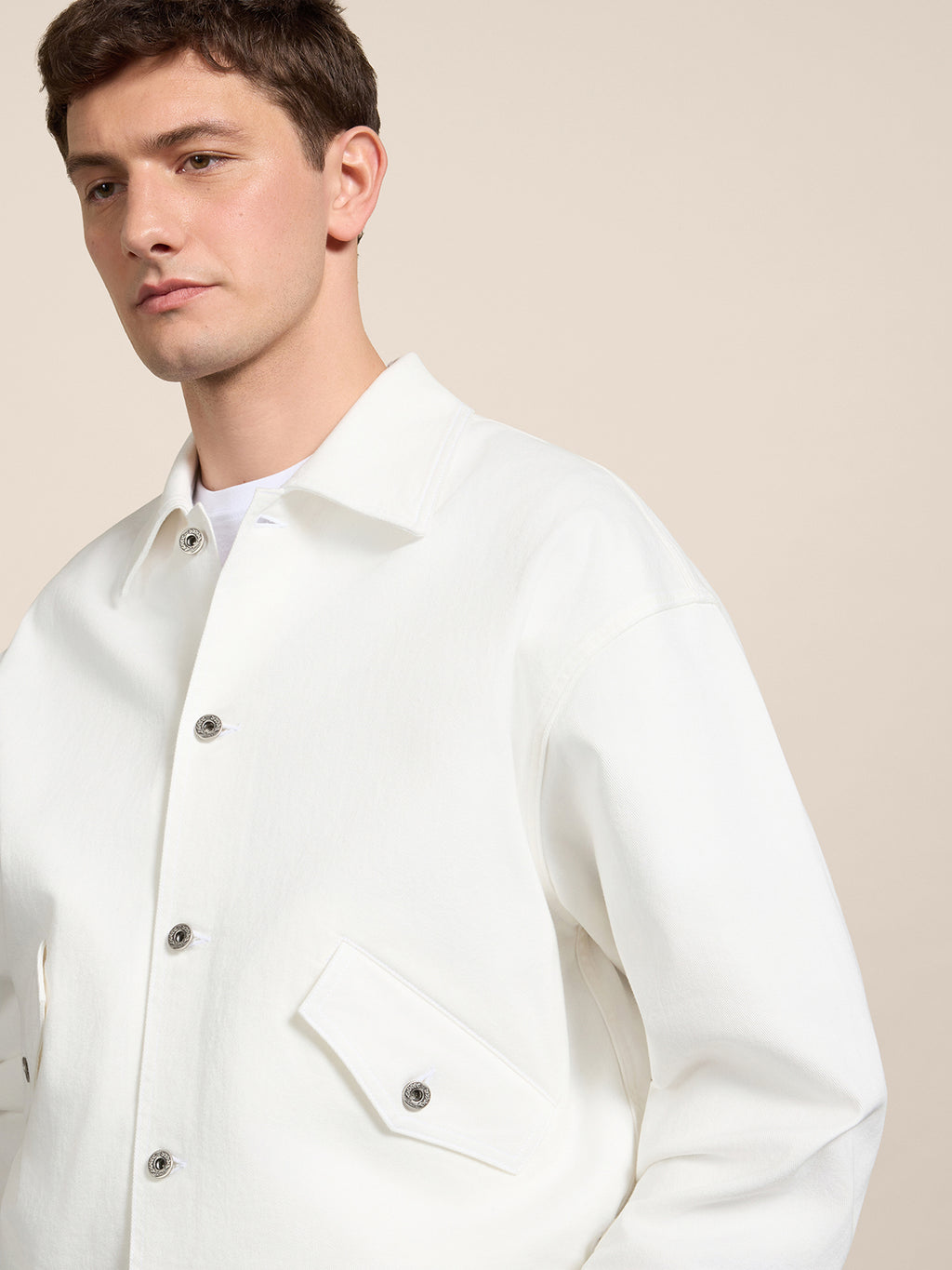 UNISEX OVER-FIT JACKET IN WHITE STRETCH COTTON WITH ELASTIC BAND - PURE WHITE - Check Active | Pence 1979