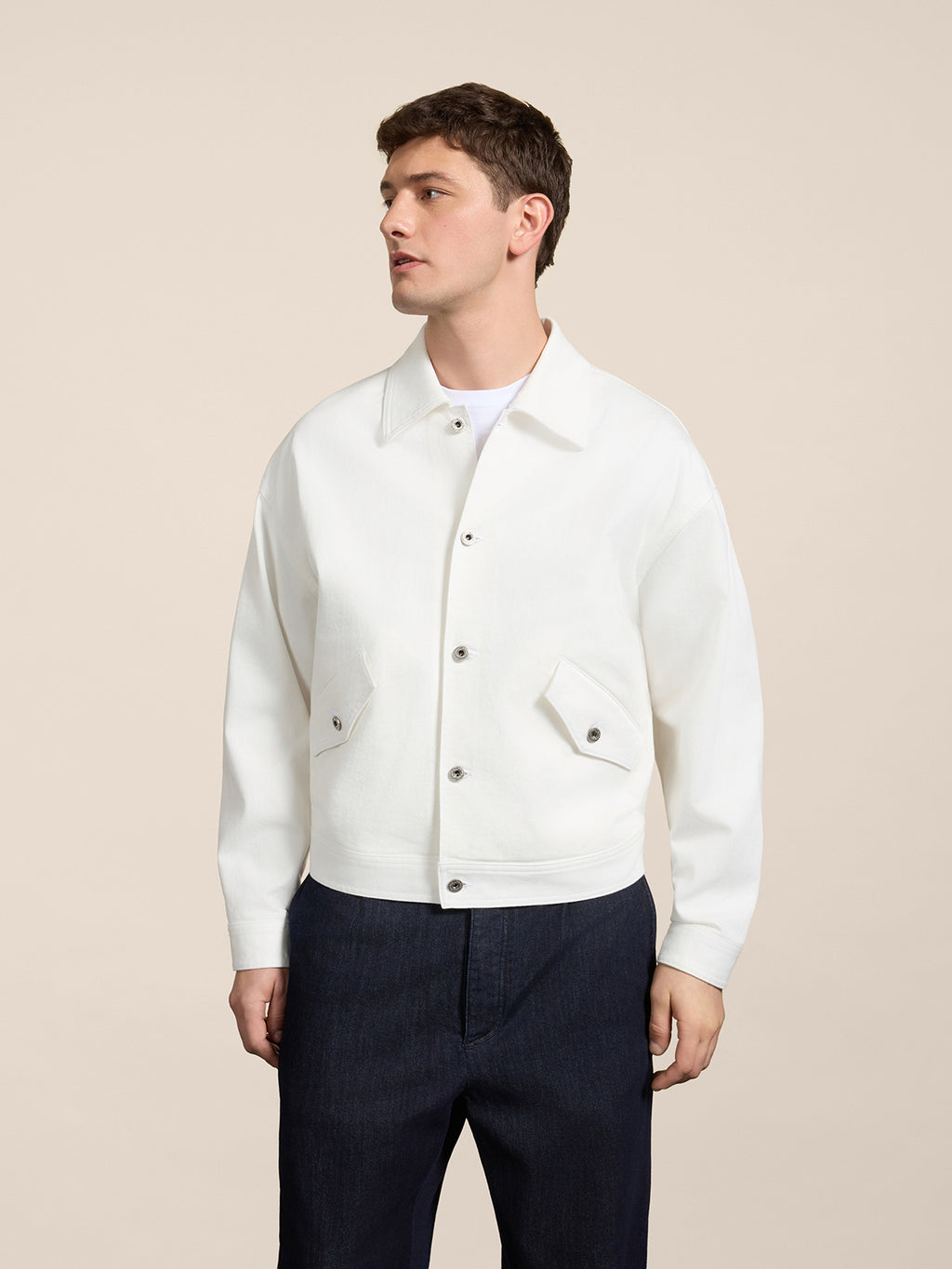 UNISEX OVER-FIT JACKET IN WHITE STRETCH COTTON WITH ELASTIC BAND - PURE WHITE - Check Active | Pence 1979