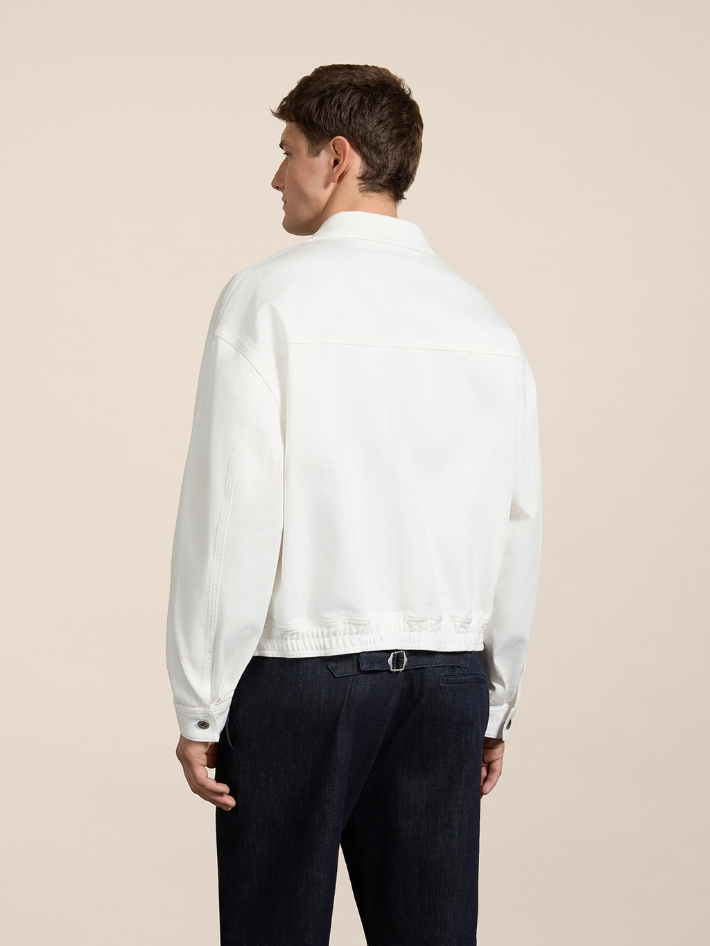 UNISEX OVER-FIT JACKET IN WHITE STRETCH COTTON WITH ELASTIC BAND - PURE WHITE - Check Active | Pence 1979