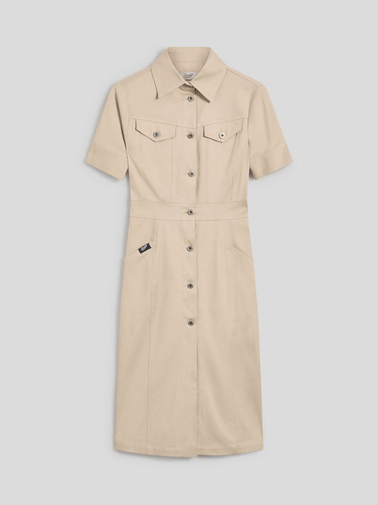 SLIM-FIT MIDI SHORT-SLEEVED DRESS IN COLONIAL COTTON WITH POCKETS - COLONIAL - promo code | Pence 1979