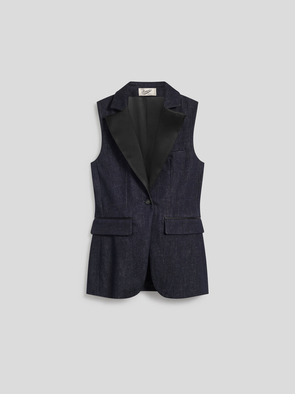 SLEEVELESS TUXEDO JACKET IN DARK BLUE STRETCH DENIM WITH SATIN DETAILS - NIGHT BLUE - Check Active | Pence 1979