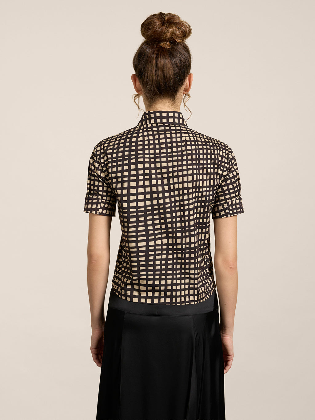 REGULAR-FIT SHORT-SLEEVED SHIRT IN SAND STRETCH POPLIN AND VICHY BLACK - SAND & BLACK VICHY  - Check Active | Pence 1979