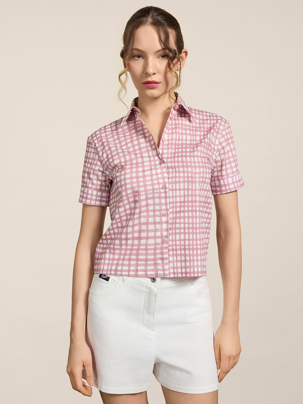 REGULAR-FIT SHORT-SLEEVED SHIRT IN VICHY PINK PRINTED STRETCH POPLIN - DUSTY ROSE VICHY - Check Active | Pence 1979
