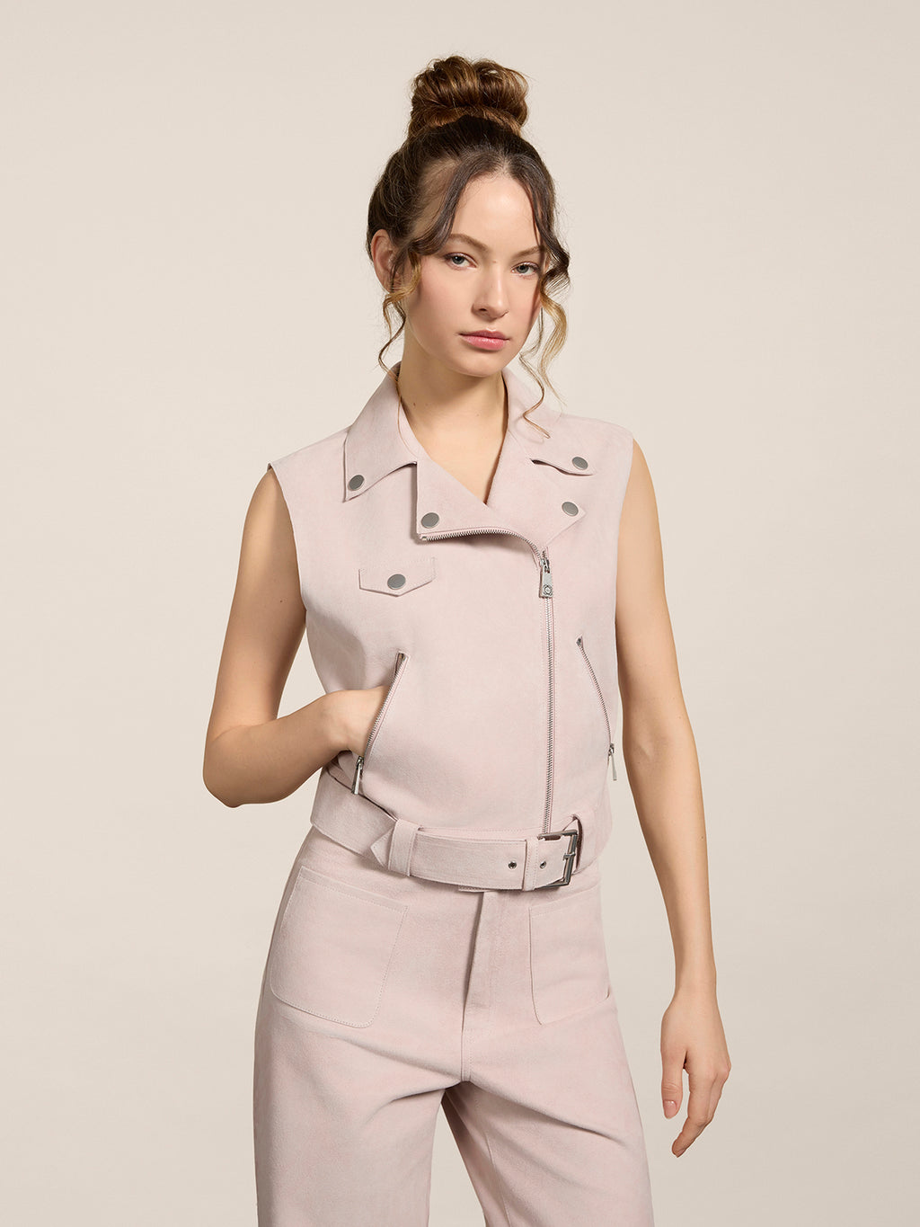 REGULAR-FIT BIKER JACKET IN PINK SUEDE AND NAPPA LINING - DUSTY ROSE - Check Active | Pence 1979
