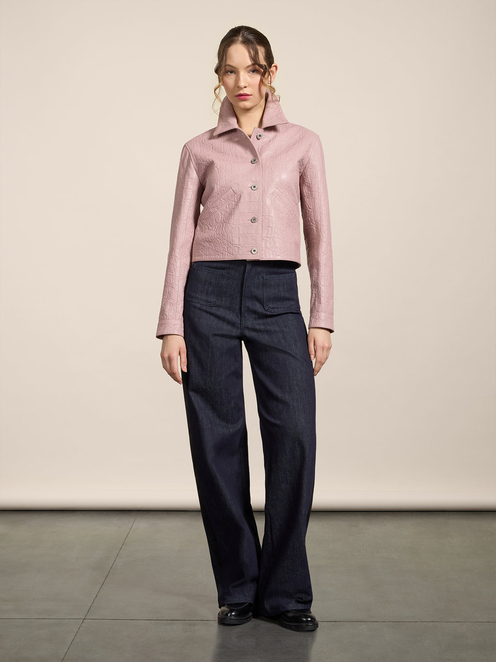REGULAR-FIT JACKET IN PINK CROCODILE-PRINT LEATHER - DUSTY ROSE  - Check Active | Pence 1979