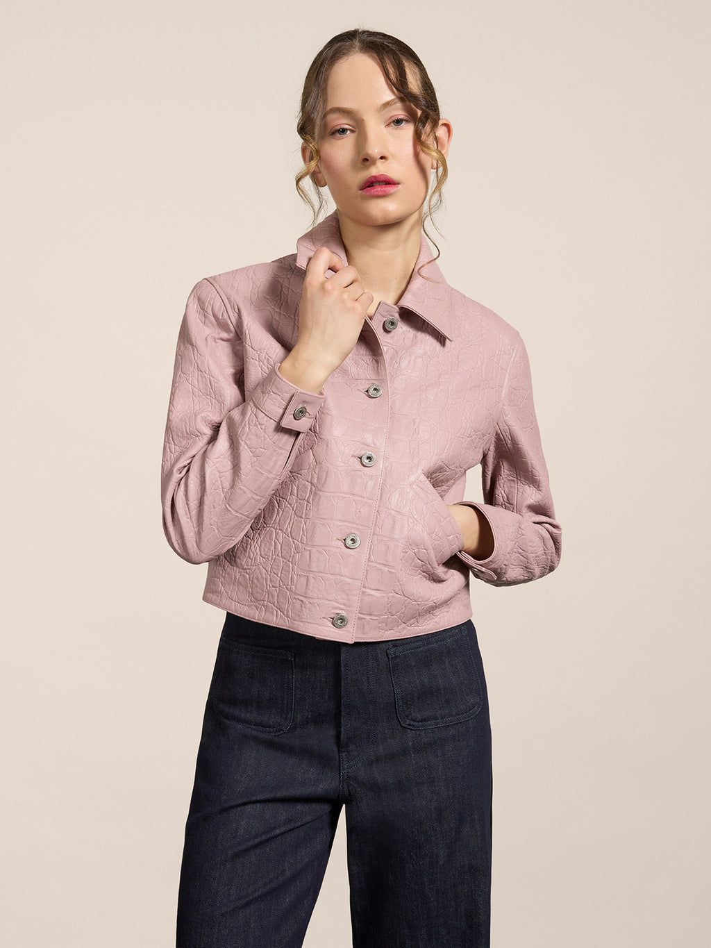 REGULAR-FIT JACKET IN PINK CROCODILE-PRINT LEATHER - DUSTY ROSE  - Check Active | Pence 1979