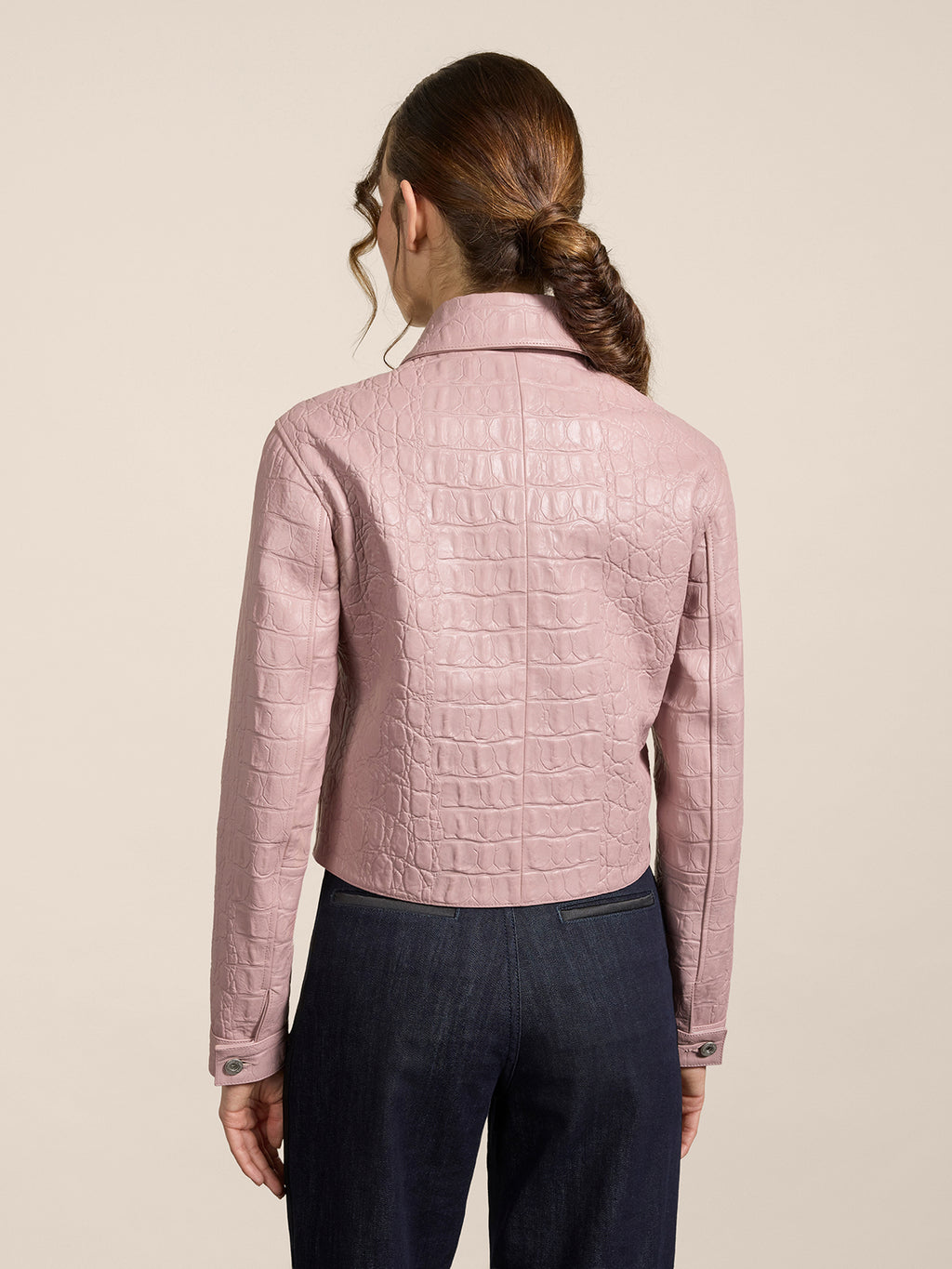REGULAR-FIT JACKET IN PINK CROCODILE-PRINT LEATHER - DUSTY ROSE  - Check Active | Pence 1979