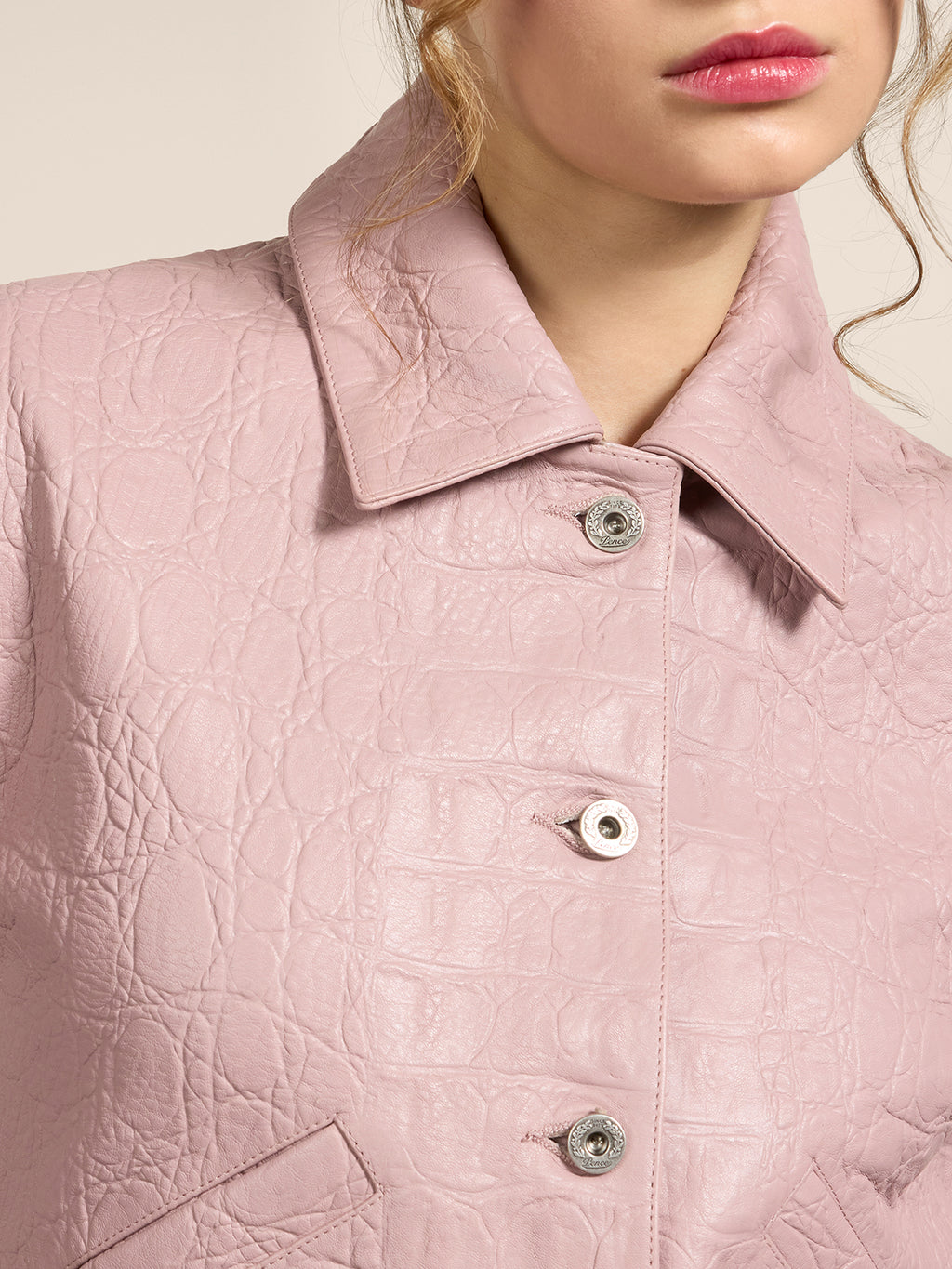 REGULAR-FIT JACKET IN PINK CROCODILE-PRINT LEATHER - DUSTY ROSE  - Check Active | Pence 1979