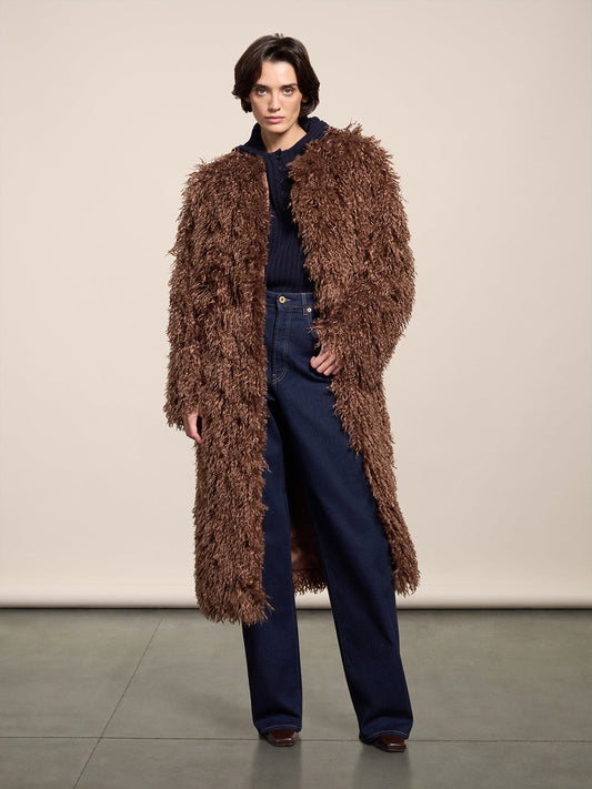 REGULAR FIT WOOD FAUX FUR ROUND NECK LINED COAT - WOOD - Check Active | Pence 1979