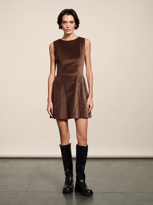 REGULAR FIT SHORT COFFEE VELVET DRESS WITH FLARED SKIRT - COFFEE - Check Active | Pence 1979