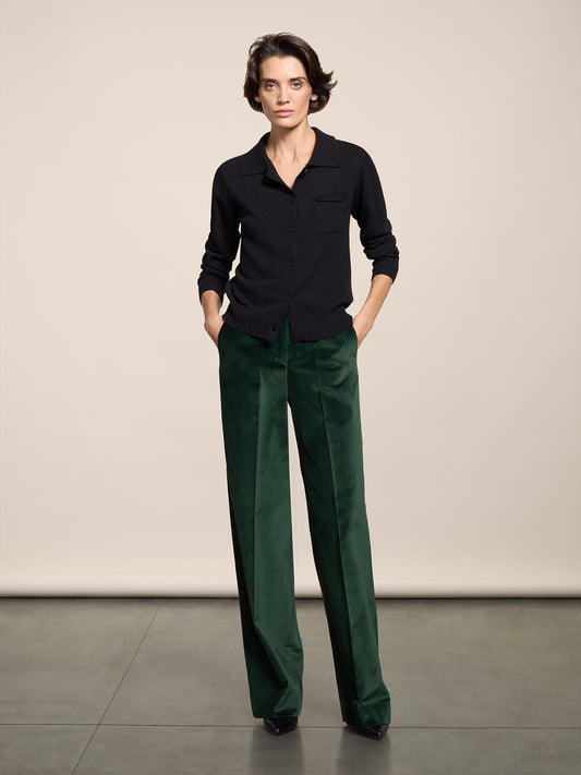 WIDE FOREST VELVET TROUSERS WITH FRONT-HIP POCKETS - FOREST - Check Active | Pence 1979