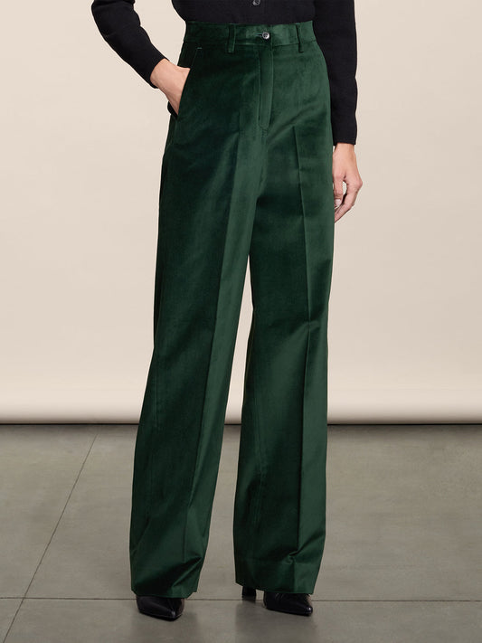 WIDE FOREST VELVET TROUSERS WITH FRONT-HIP POCKETS - FOREST - Check Active | Pence 1979