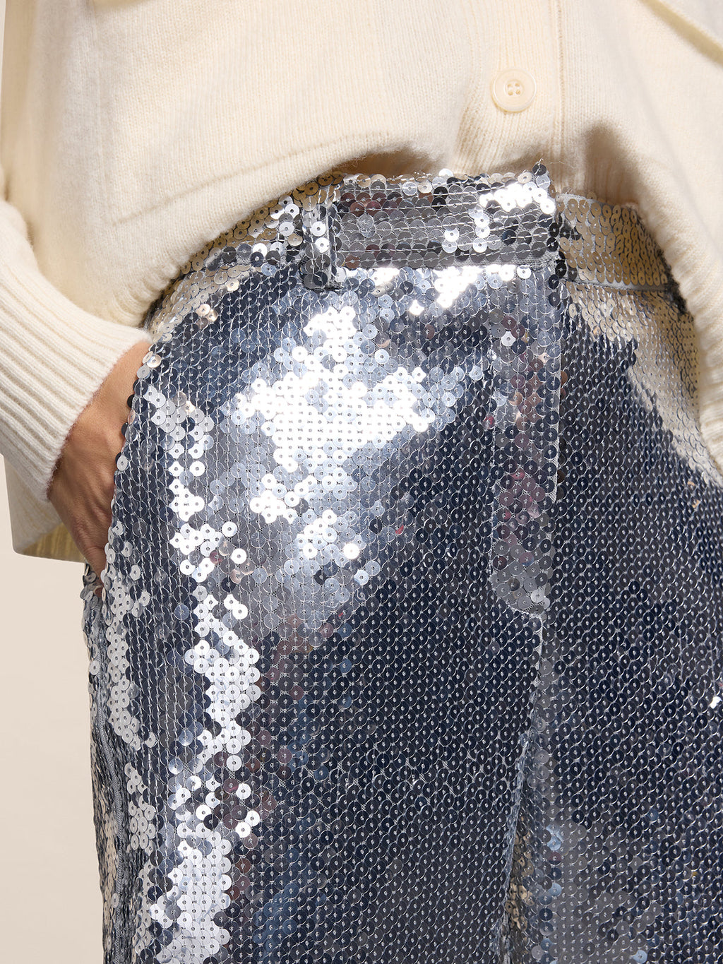 WIDE SILVER PAILLETTES TROUSERS WITH FRONT-HIP POCKETS - SILVER - Check Active | Pence 1979
