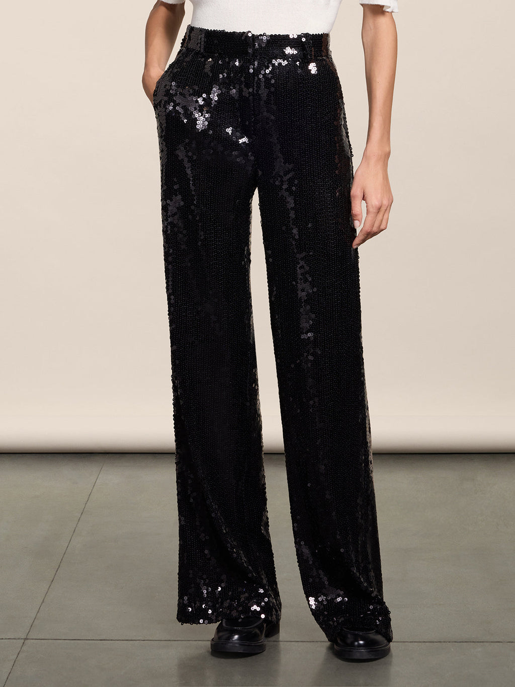 WIDE BLACK PAILLETTES TROUSERS WITH FRONT-HIP POCKETS - BLACK - Check Active | Pence 1979
