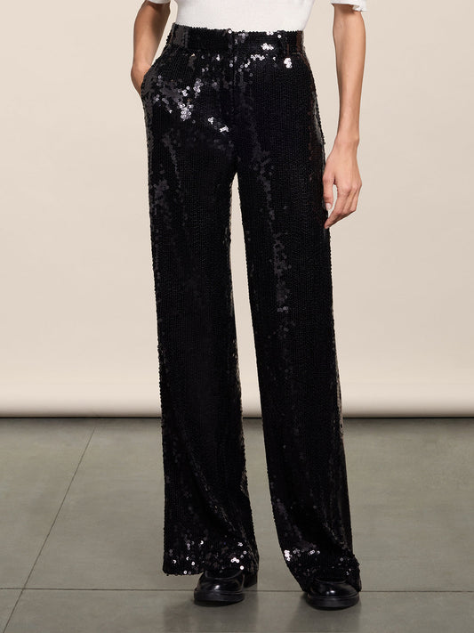 WIDE BLACK PAILLETTES TROUSERS WITH FRONT-HIP POCKETS - BLACK - Check Active | Pence 1979
