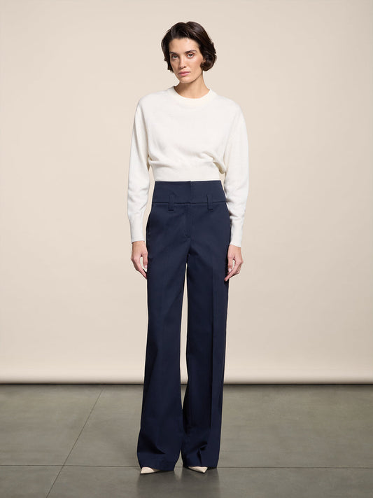 HIGH WAISTED BLUE NAVY WIDE-LEG TROUSERS WITH LOW BELT LOOPS - BLUE NAVY - Check Active | Pence 1979