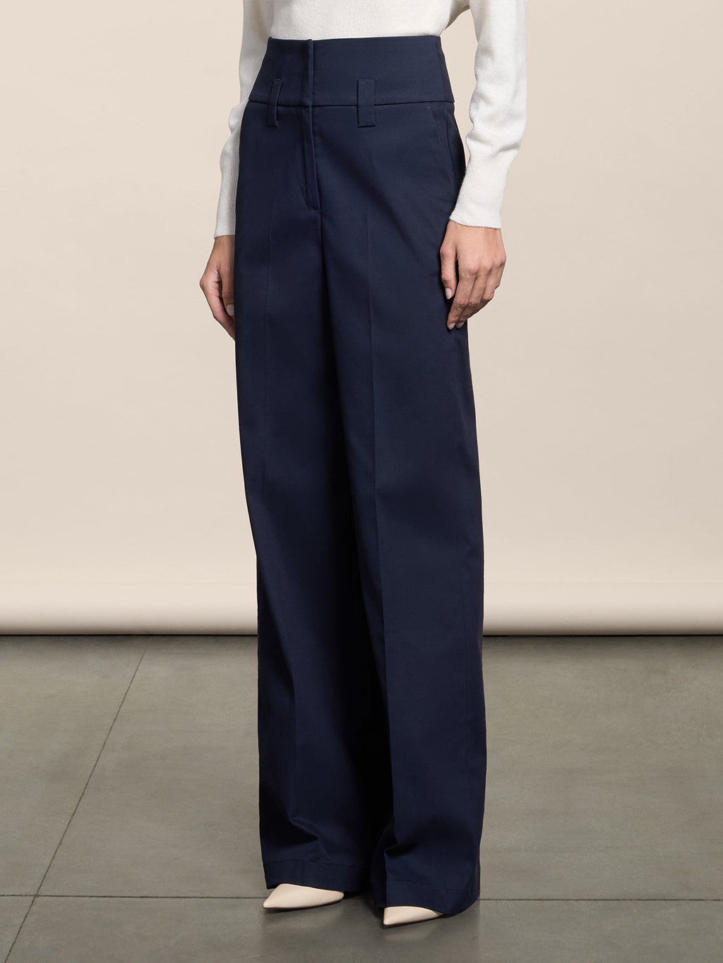 HIGH WAISTED BLUE NAVY WIDE-LEG TROUSERS WITH LOW BELT LOOPS - BLUE NAVY - Check Active | Pence 1979