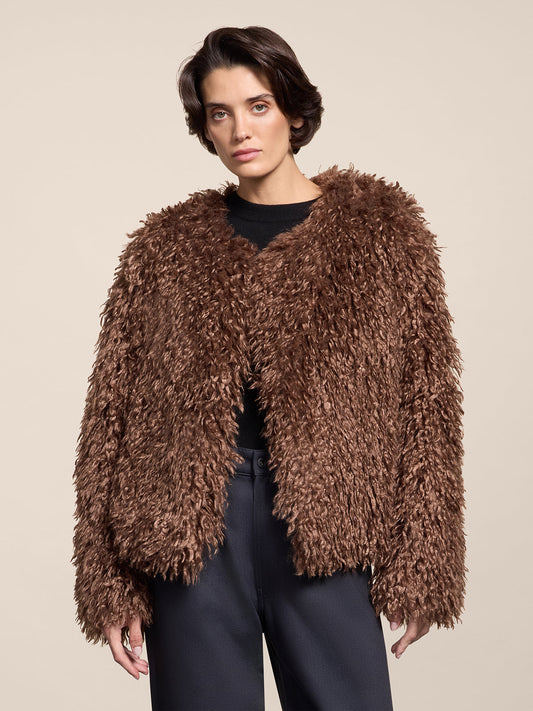 REGULAR FIT WOOD FAUX FUR SHORT JACKET - WOOD - Check Active | Pence 1979