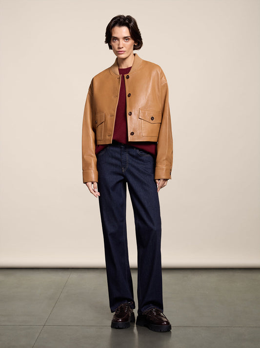 REGULAR FIT CARAMEL CROPPED BOMBER WITH KNIT COLLAR - CARAMEL - Capi in Pelle Donna | Pence 1979