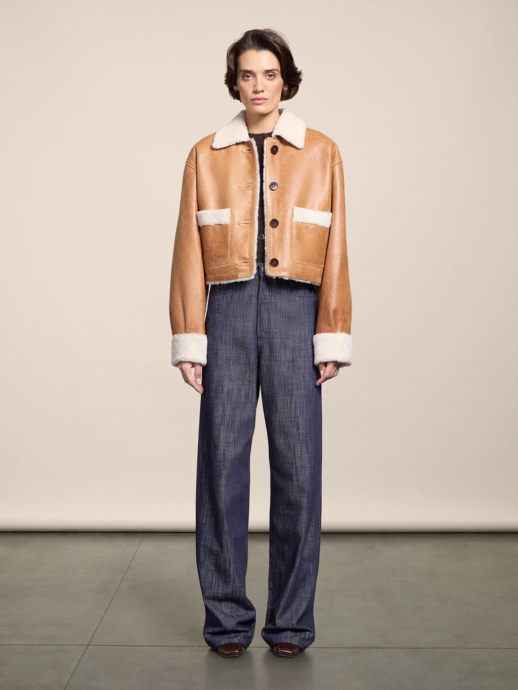 REGULAR FIT TOFFEE BRUNETTE SHEARLING JACKET WITH BUTTONS - TOFFEE BRUNETTE - Check Active | Pence 1979