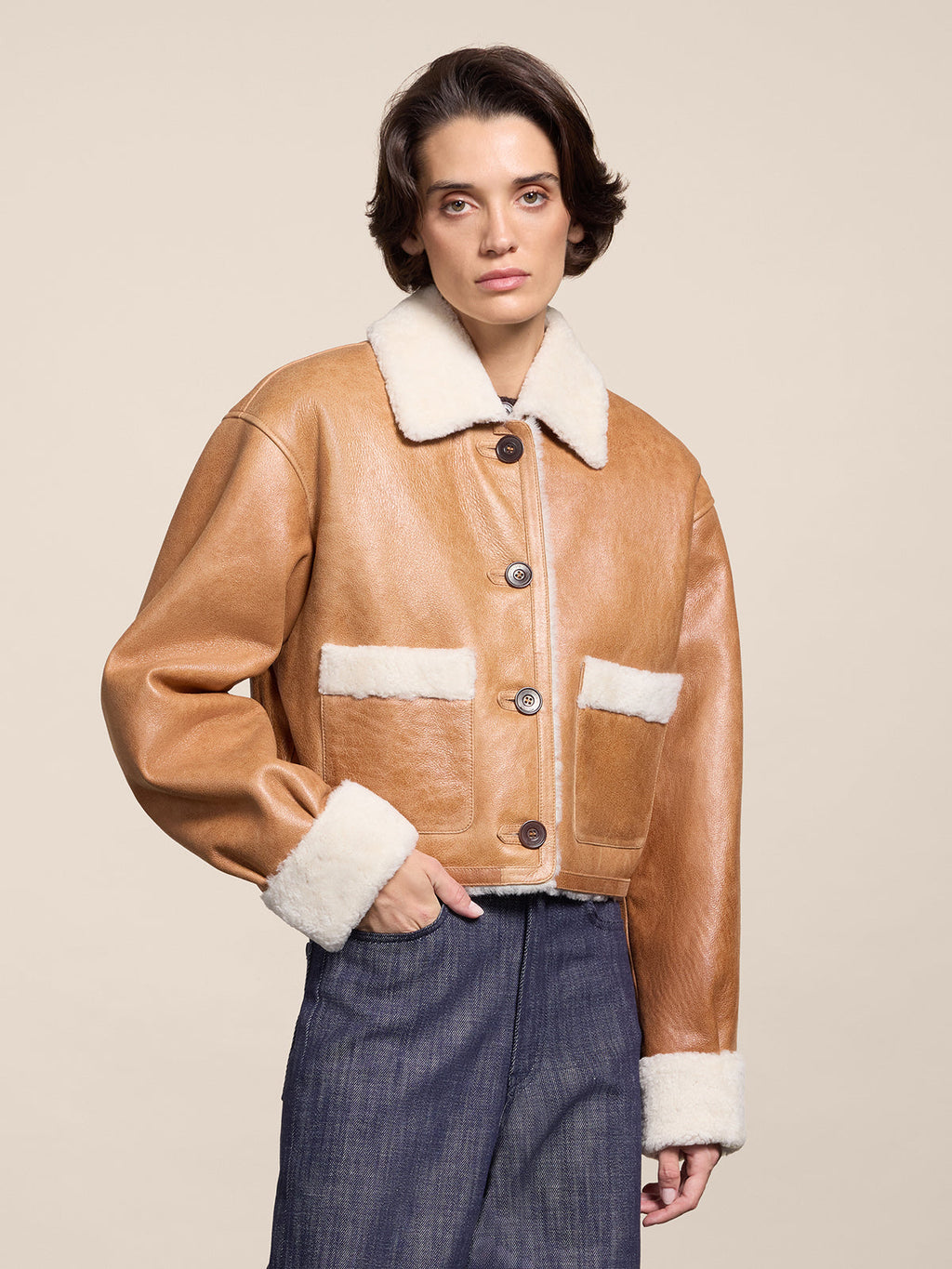 REGULAR FIT TOFFEE BRUNETTE SHEARLING JACKET WITH BUTTONS - TOFFEE BRUNETTE - Check Active | Pence 1979