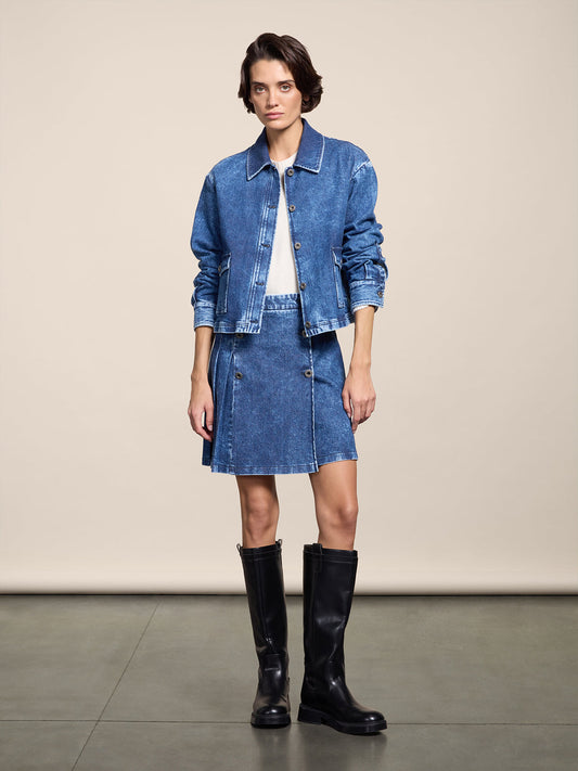 REGULAR FIT MARBLE BLUE DENIM MINI SKIRT WITH BUTTONS AND PLEATED SIDE - MARBLE BLUE - Check Active | Pence 1979