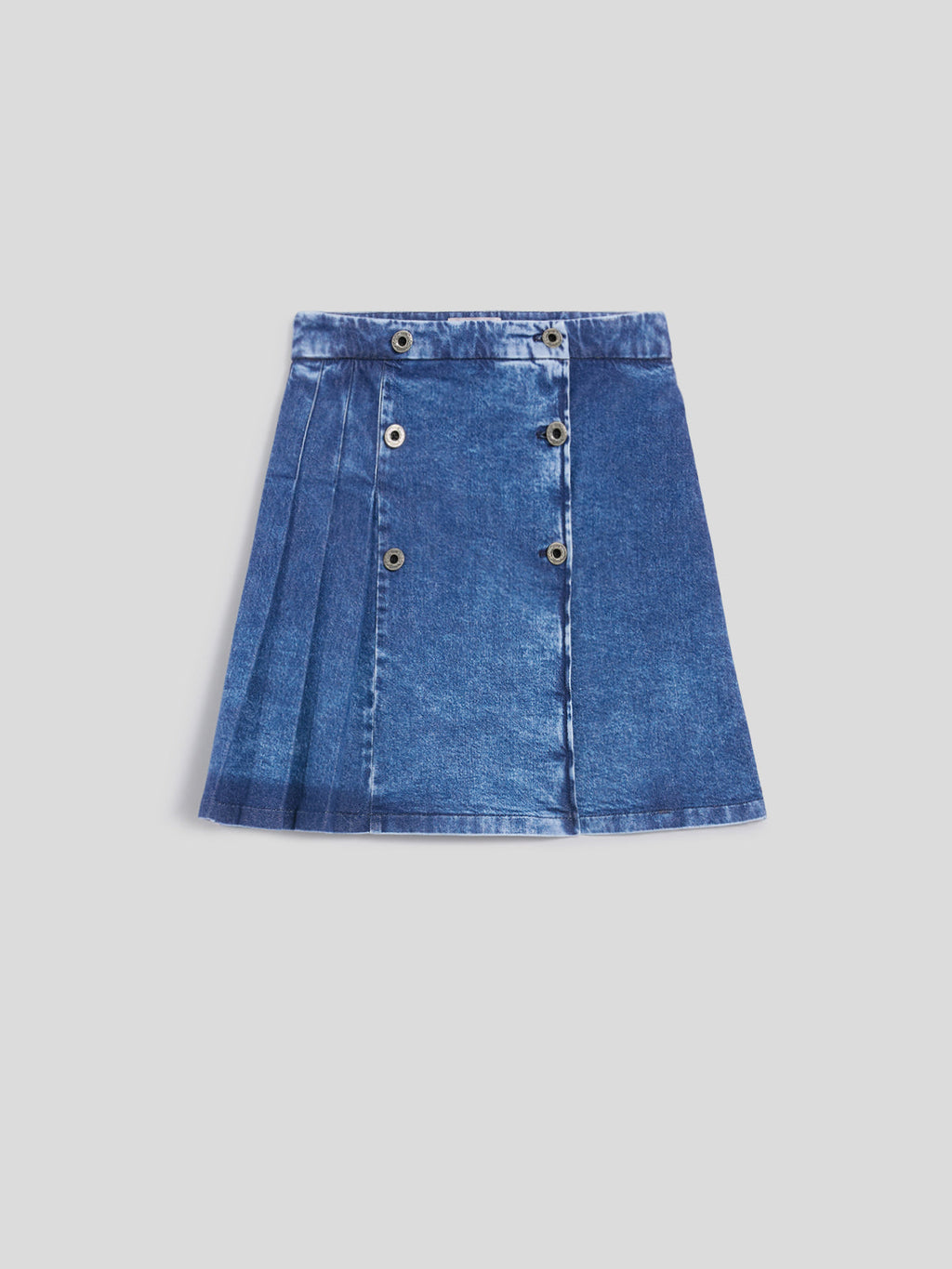 REGULAR FIT MARBLE BLUE DENIM MINI SKIRT WITH BUTTONS AND PLEATED SIDE - MARBLE BLUE - Check Active | Pence 1979