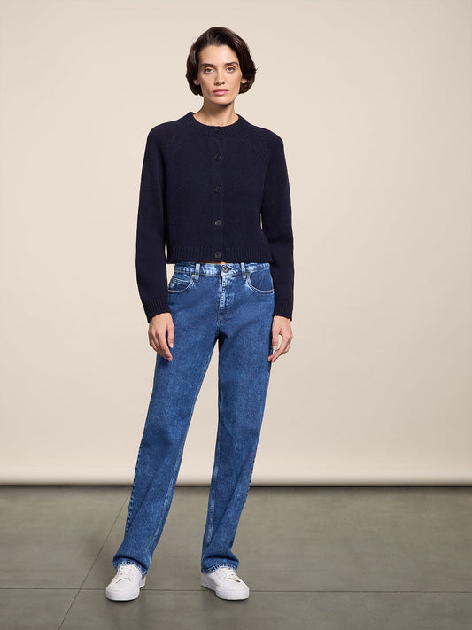 REGULAR FIT WOOL CREW-NECK CARDIGAN WITH RAGLAN SLEEVES BLUE NAVY - BLUE NAVY - Check Active | Pence 1979