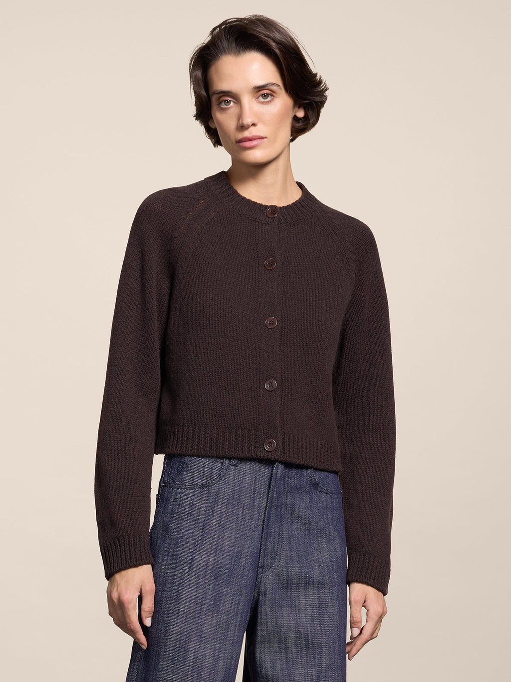 REGULAR FIT WOOL REW-NECK CARDIGAN WITH RAGLAN SLEEVES MAHOGANY - MAHOGANY - Check Active | Pence 1979