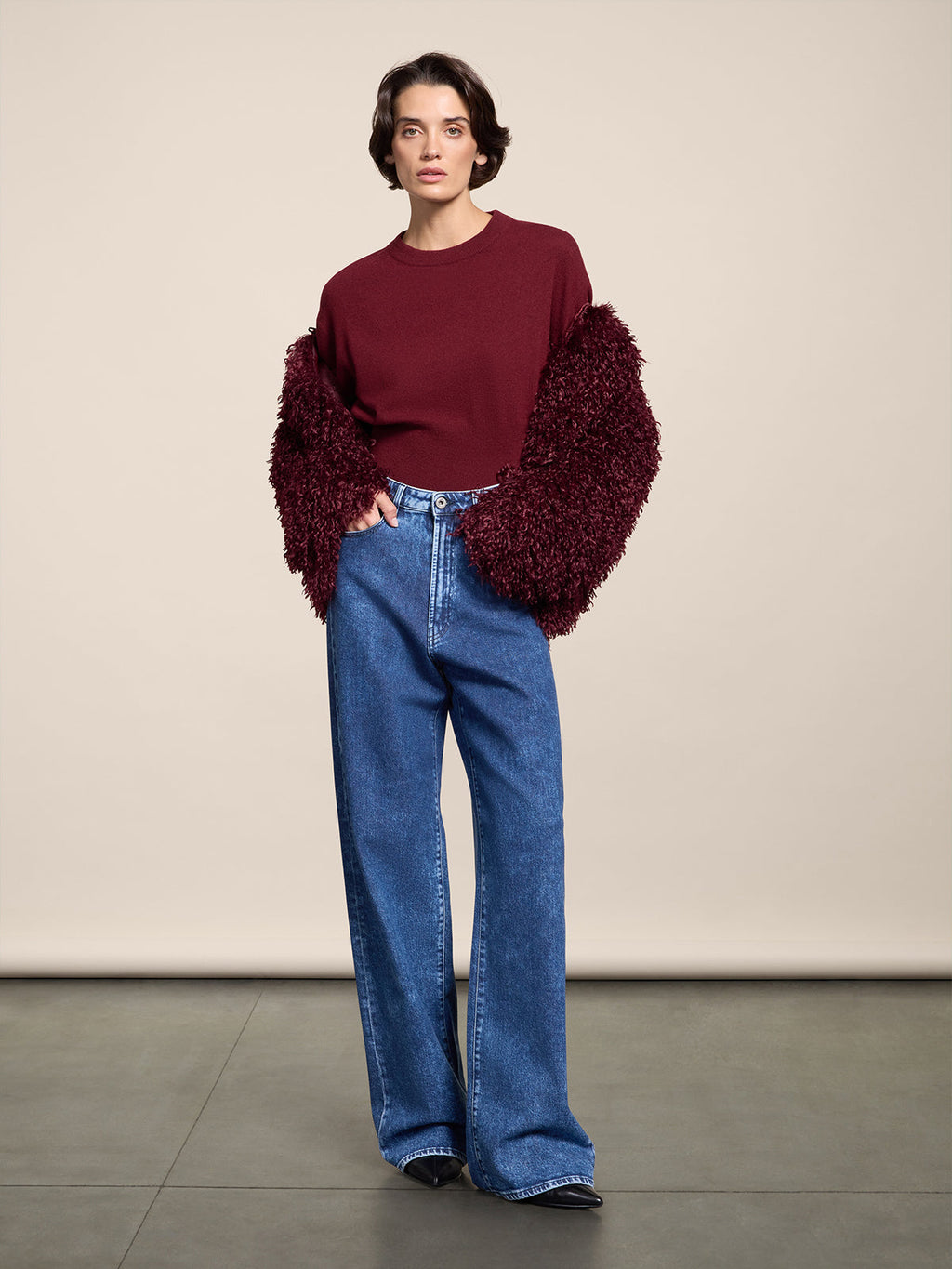 REGULAR FIT CROPPED CREW NECK SWEATER BORDEAUX - BORDEAUX - Check Active | Pence 1979