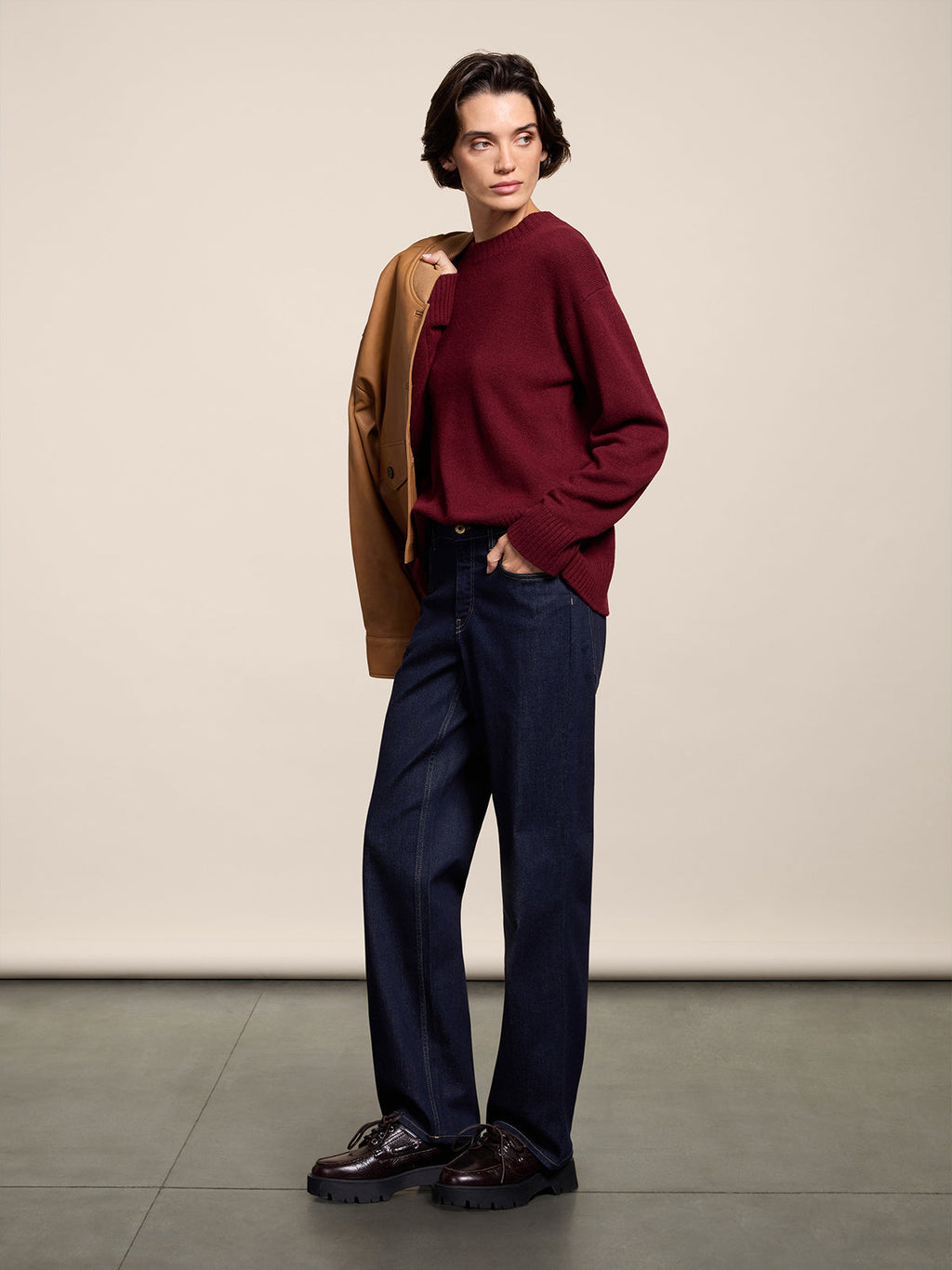 BURGUNDY RELAXED-FIT, CREW-NECK SWEATER WITH RIBBED TRIMS - BORDEAUX  - Check Active | Pence 1979