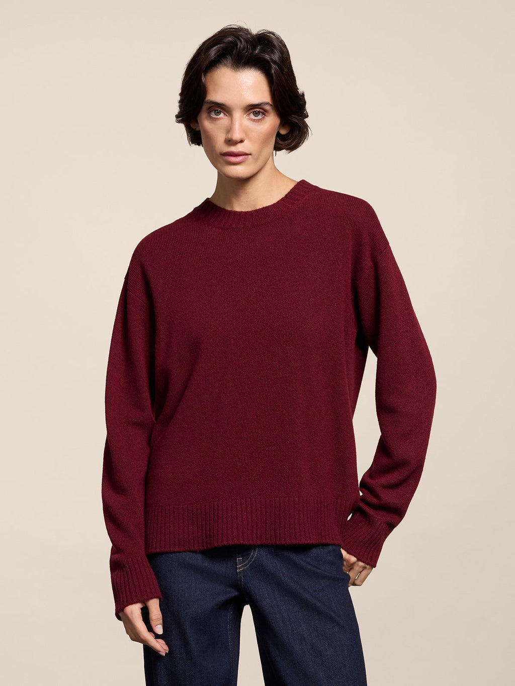 BURGUNDY RELAXED-FIT, CREW-NECK SWEATER WITH RIBBED TRIMS - BORDEAUX  - Check Active | Pence 1979