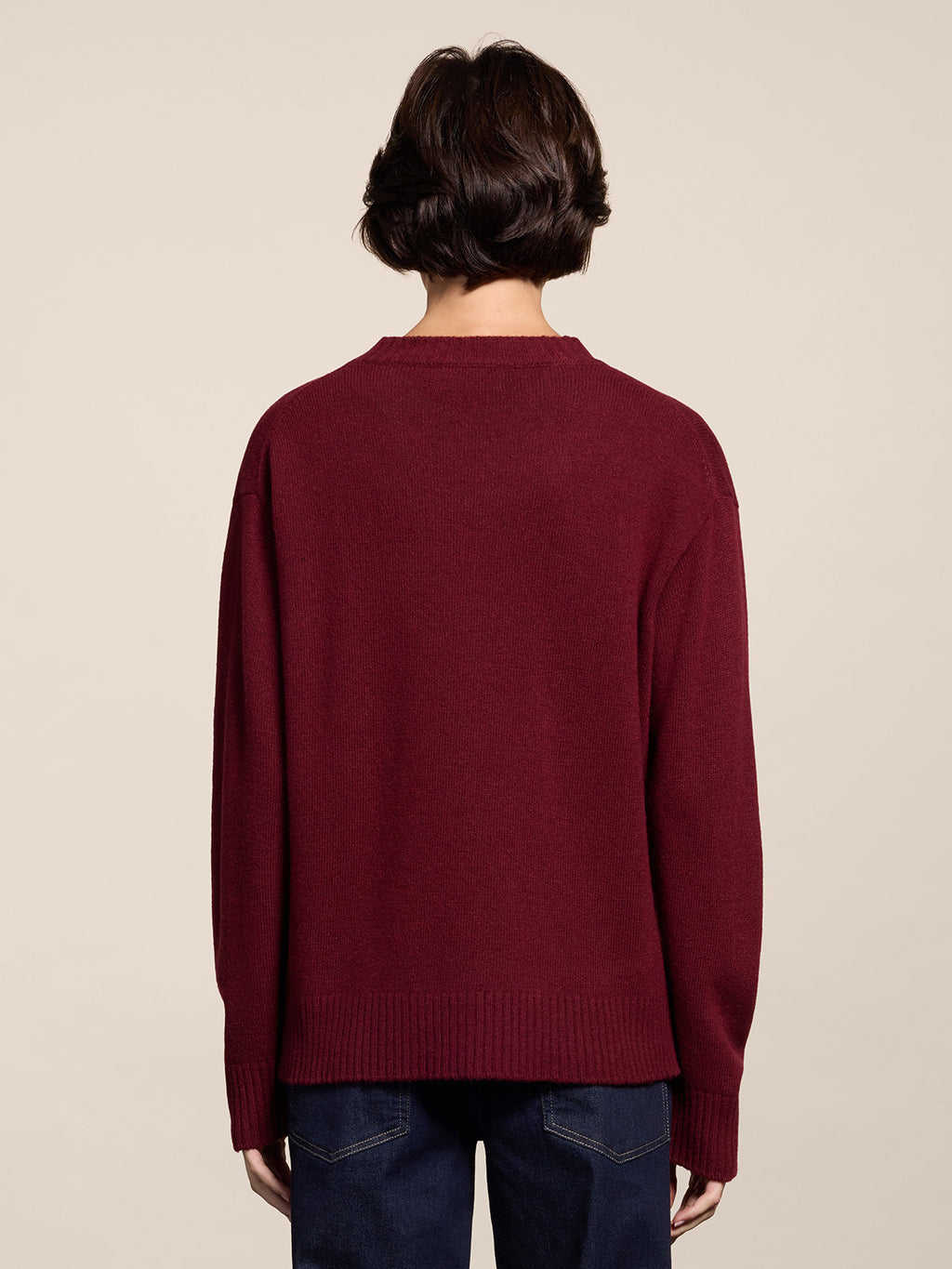 BURGUNDY RELAXED-FIT, CREW-NECK SWEATER WITH RIBBED TRIMS - BORDEAUX  - Check Active | Pence 1979