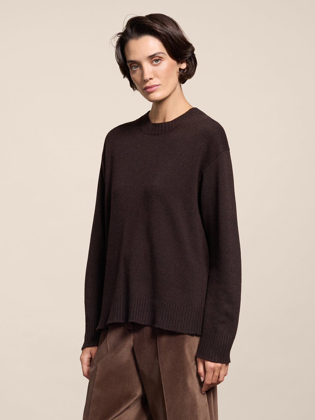 MAHOGANY RELAXED-FIT, CREW-NECK SWEATER WITH RIBBED TRIMS - MAHOGANY - Check Active | Pence 1979