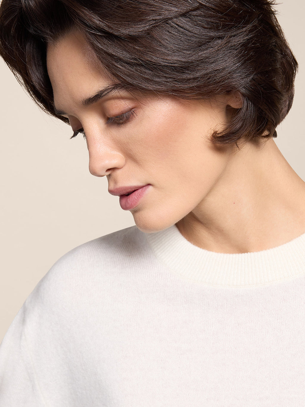 SHORT-SLEEVED CREW-NECK SWEATER WITH A HIGH RIBBED TRIM IN NATURAL WOOL AND CASHMERE, REGULAR FIT - NATURAL - Check Active | Pence 1979