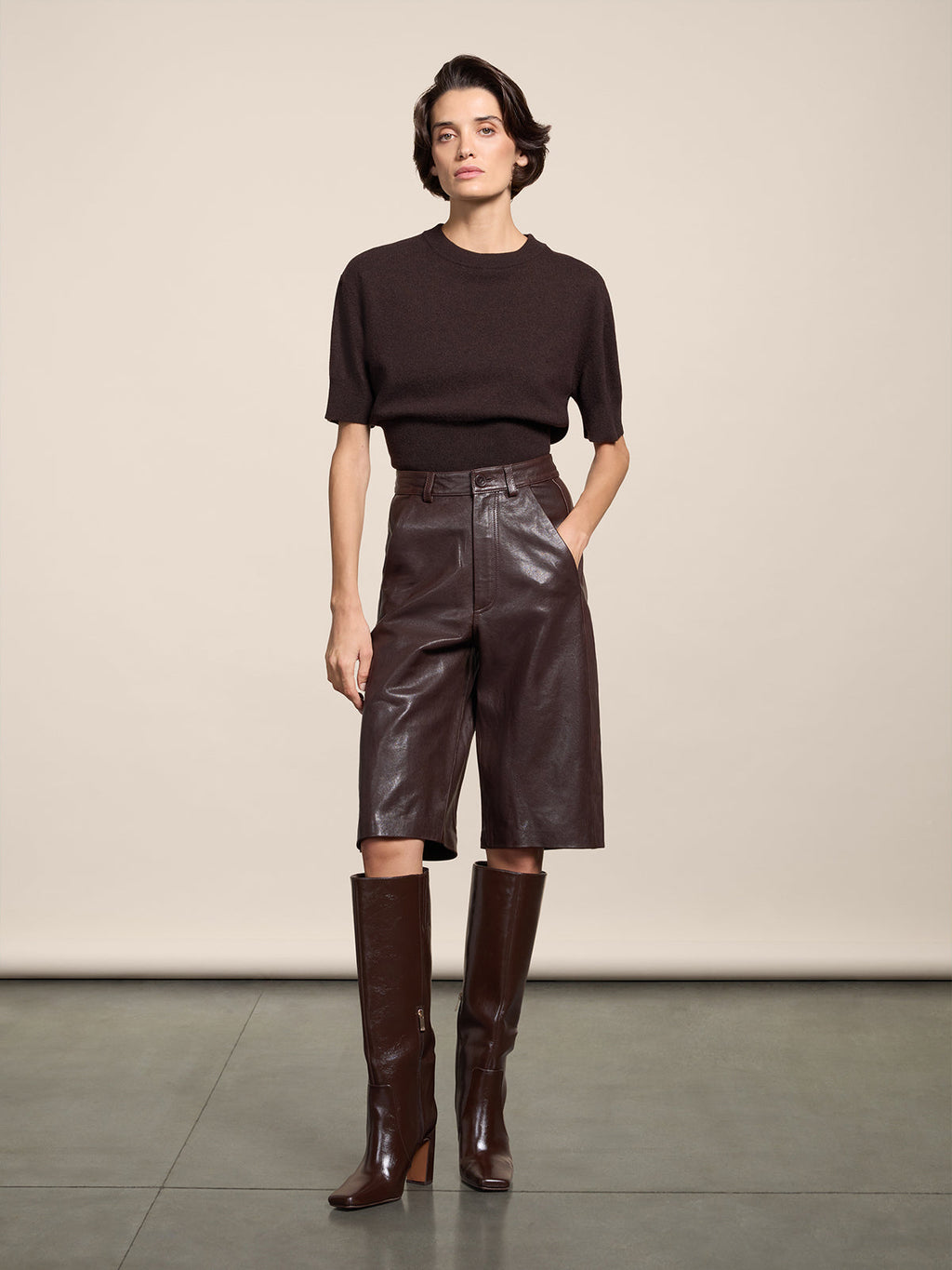 REGULAR FIT CREW-NECK SWEATER WITH CINCH WAIST MAHOGANY - MOGANO - Check Active | Pence 1979