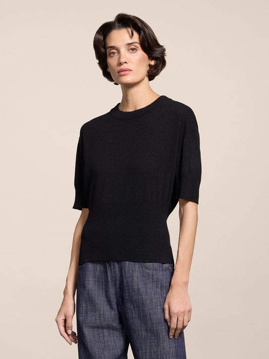 REGULAR FIT CREW-NECK SWEATER WITH CICNH WAIST BLACK - BLACK - Check Active | Pence 1979