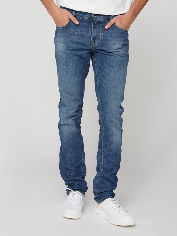 Jeans Denim Slim Fit da Uomo con Lavaggio Blu Medio Effetto Vintage
