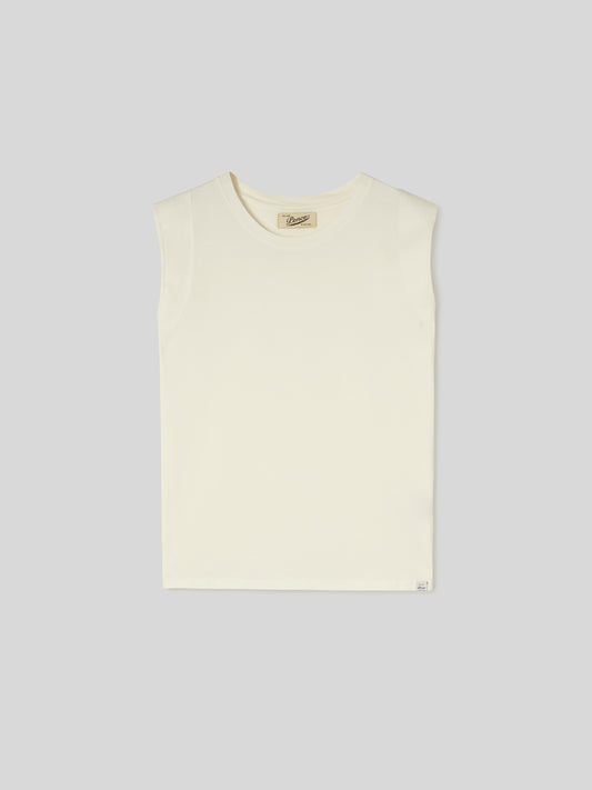 T-Shirt da Donna Girocollo Smanicata Jersey di Cotone Ecrù