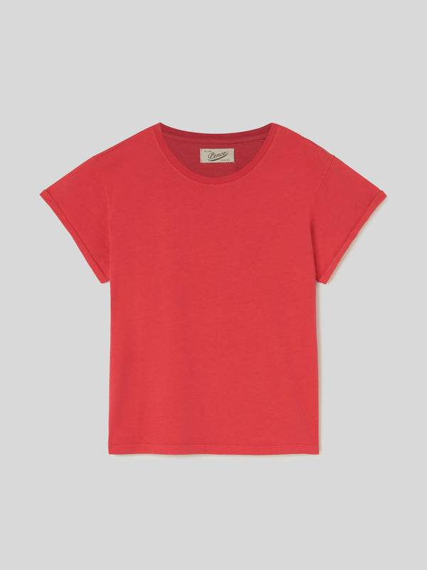 T-Shirt da Donna Maniche Corte Arrotolate Scarlatta 